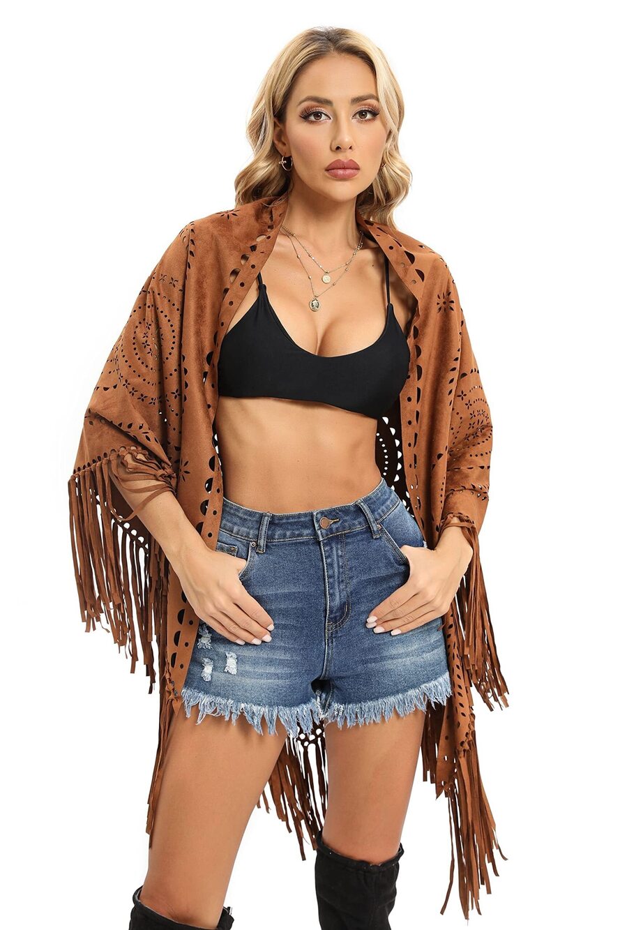1260 Fashion Faux Suede Laser Cut Triangle Stoles Cape Shrug Scarf